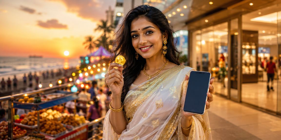 Lady using casino mobile app in traditional saree in Chennai