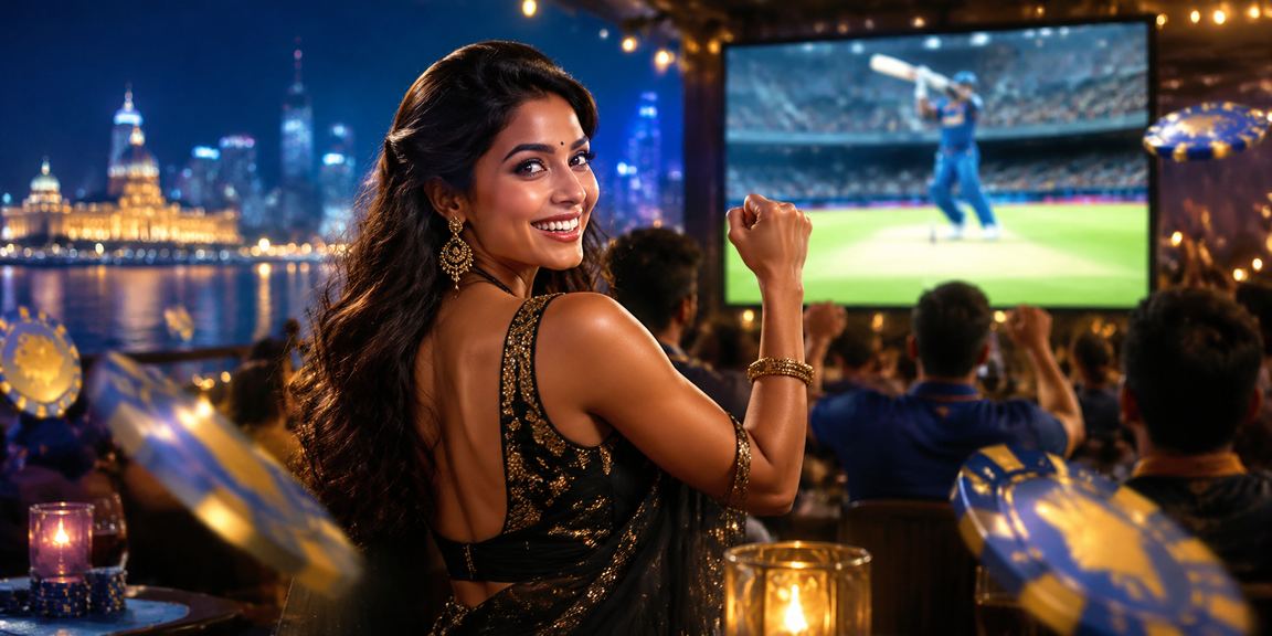 Busy Indian cricket betting scene with blue and gold theme